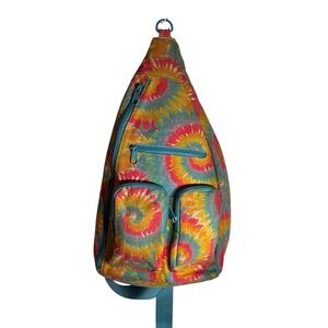 Time and Tru Tye Dye Multicolored Sling Backpack W/ 4 Compartments. 18” High